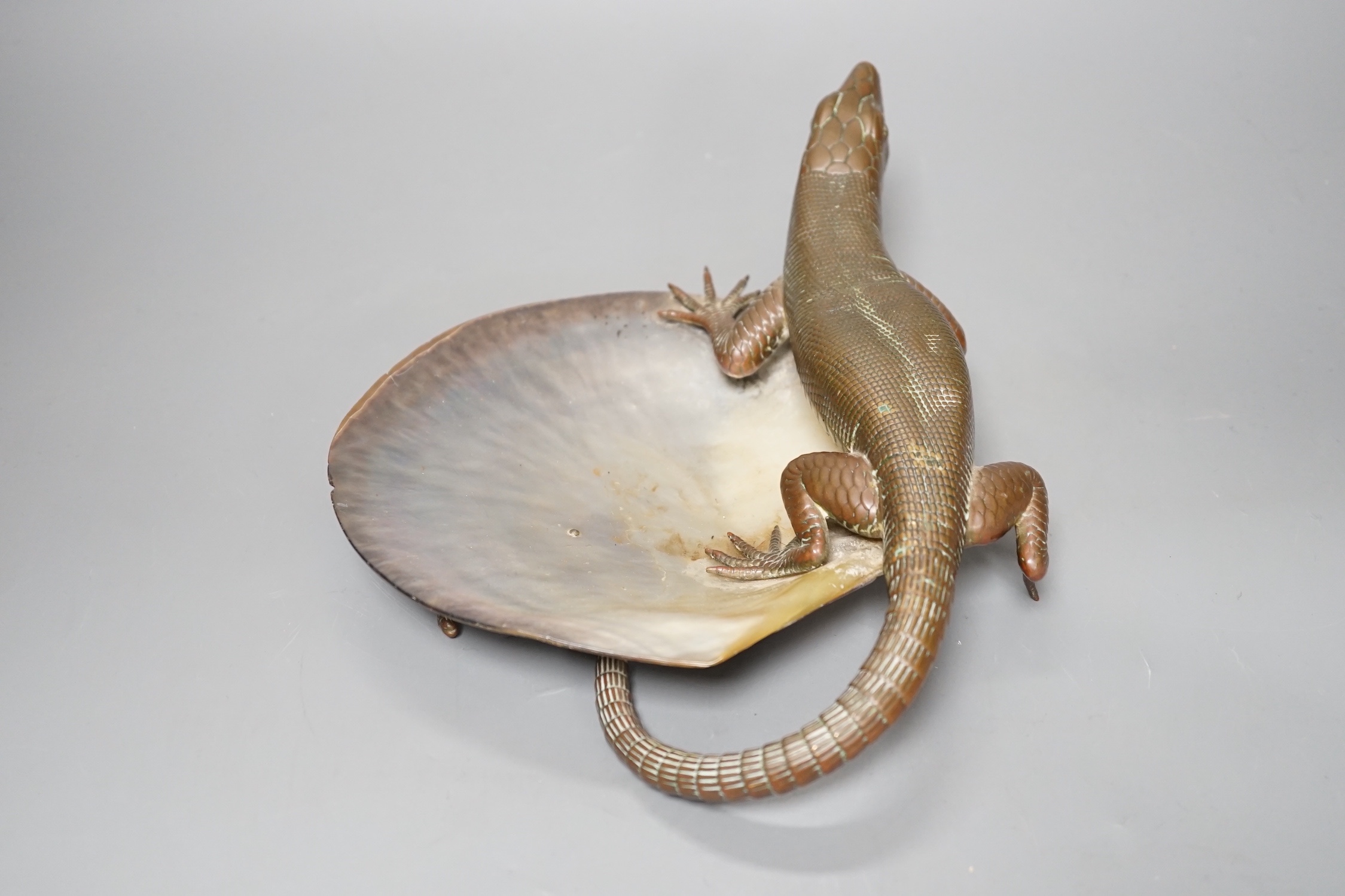 A late 19th century Japanese bronze 'lizard' and mother of pearl dish, 26cm